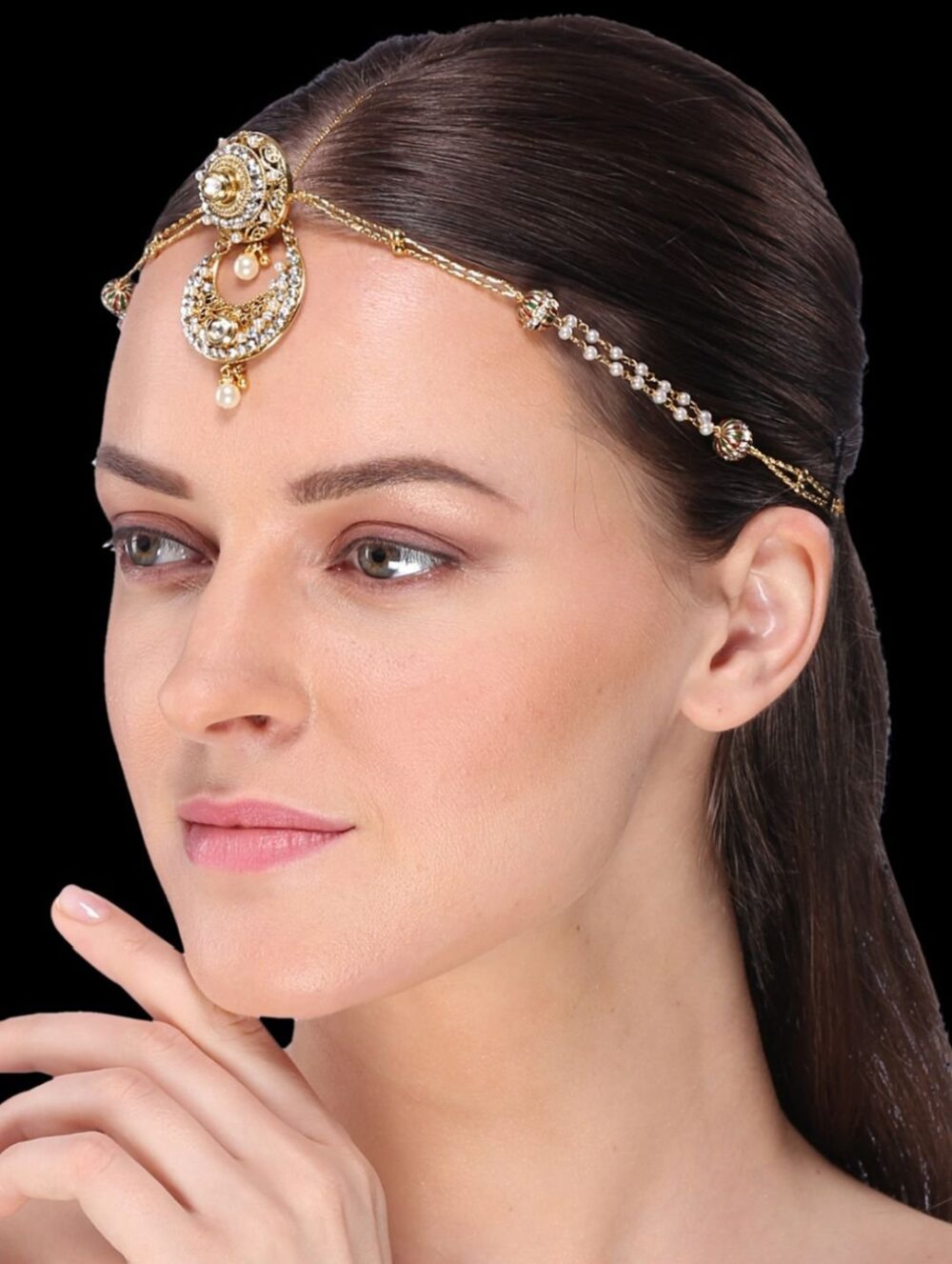 Gorgeous Modern Designer Borla with Stones Chain Tikka - Image 2