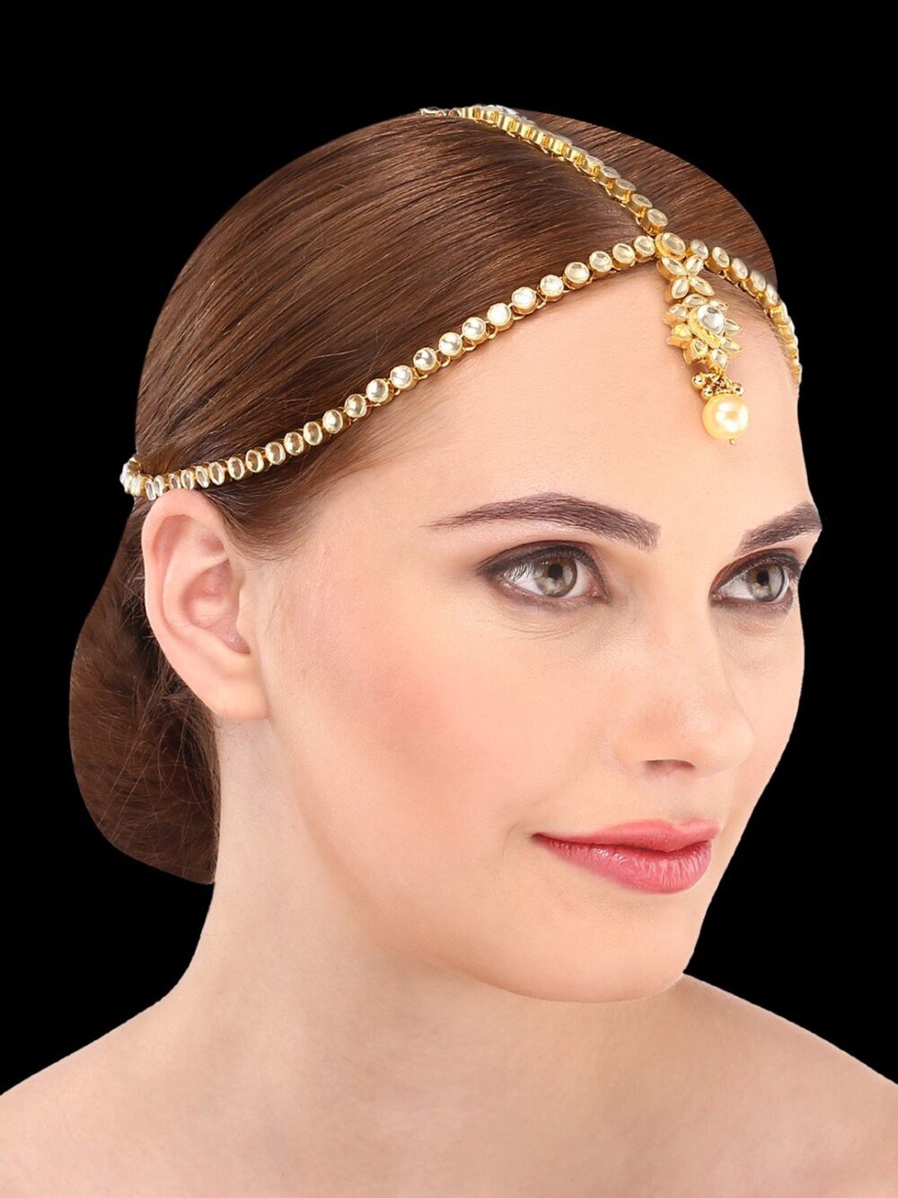 Buy Topaz coloured kundan Damini / Matha Patti with pearl - Image 5