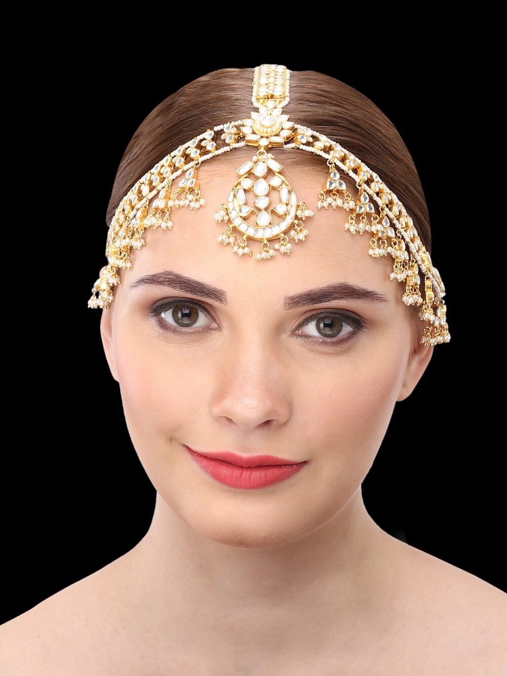 Buy Semi Precious Kundan, Gold Beads & Pearls Damini/ Matha Patti - Image 2