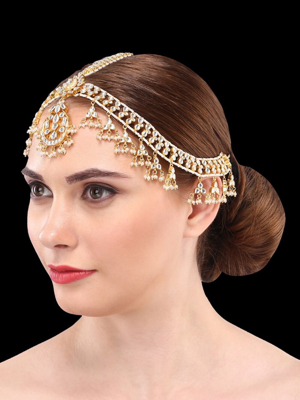 Buy Semi Precious Kundan, Gold Beads & Pearls Damini/ Matha Patti - Image 3