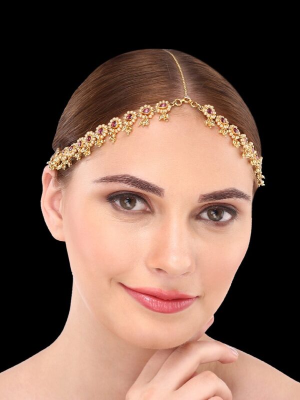 Semi Precious Rhodolite Kundan & Pearls Damini/ Matha Patti - Image 2