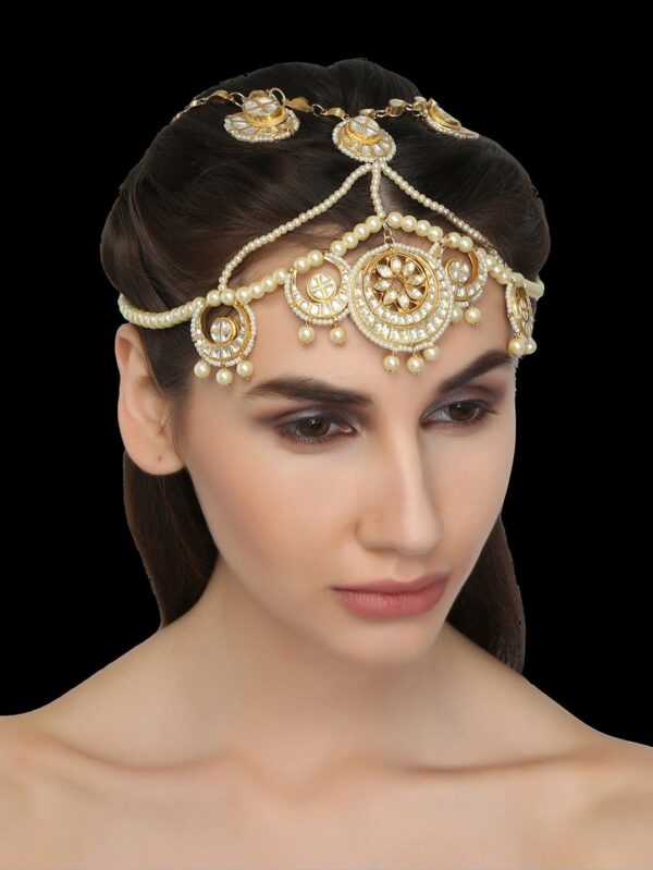 Traditional Micro Gold Polished Semi Precious Kundan & Pearl Damini - Image 2