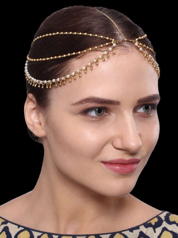 Traditional Micro Gold Polished Pearl & Gold Beads Damini/Maang Tikka/ Matha patti/ Tikka/Borla for