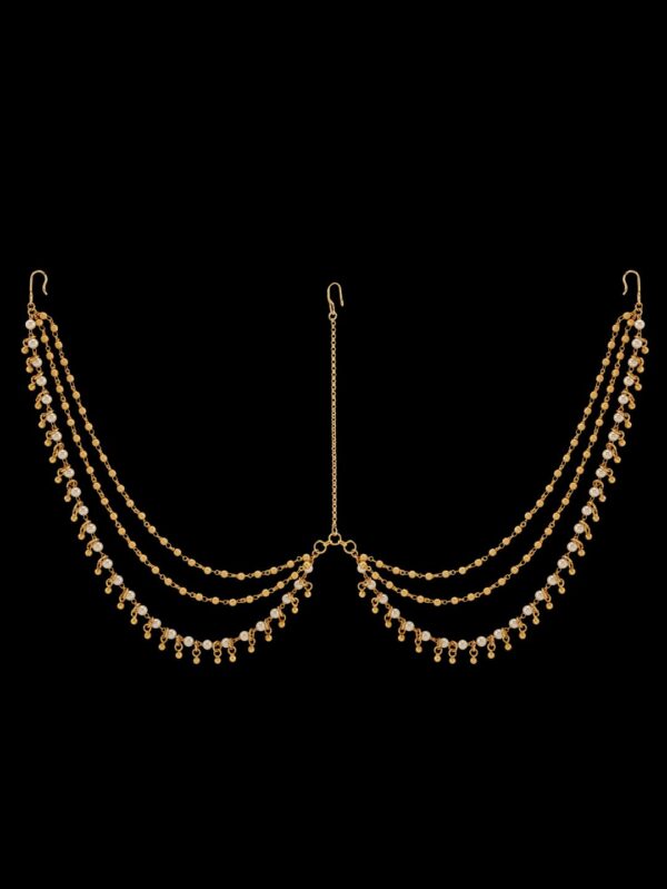 Traditional Micro Gold Polished Pearl & Gold Beads Damini/Maang Tikka/ Matha patti/ Tikka/Borla for - Image 3