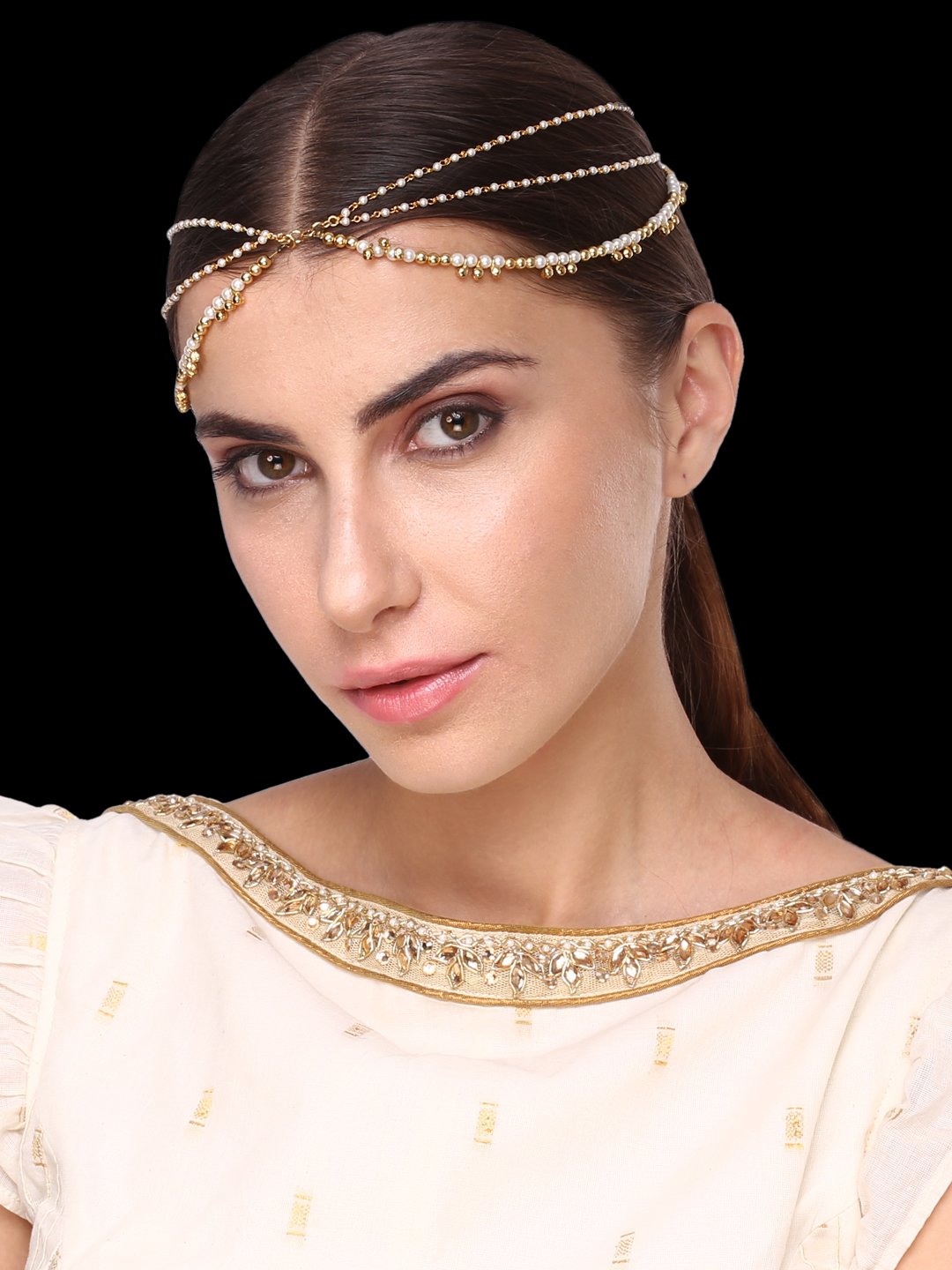 Buy Gold Polished Pearl & Gold Beads Maang Tikka