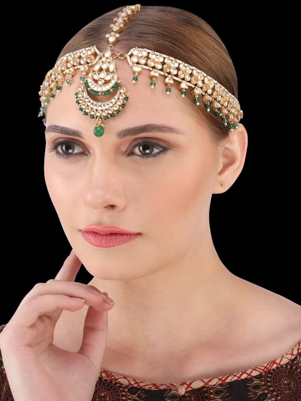 Traditional Micro Gold Polished Semi Precious Kundan & Pearl Damini/Maang Tikka/ Matha patti/ Tikka - Image 2