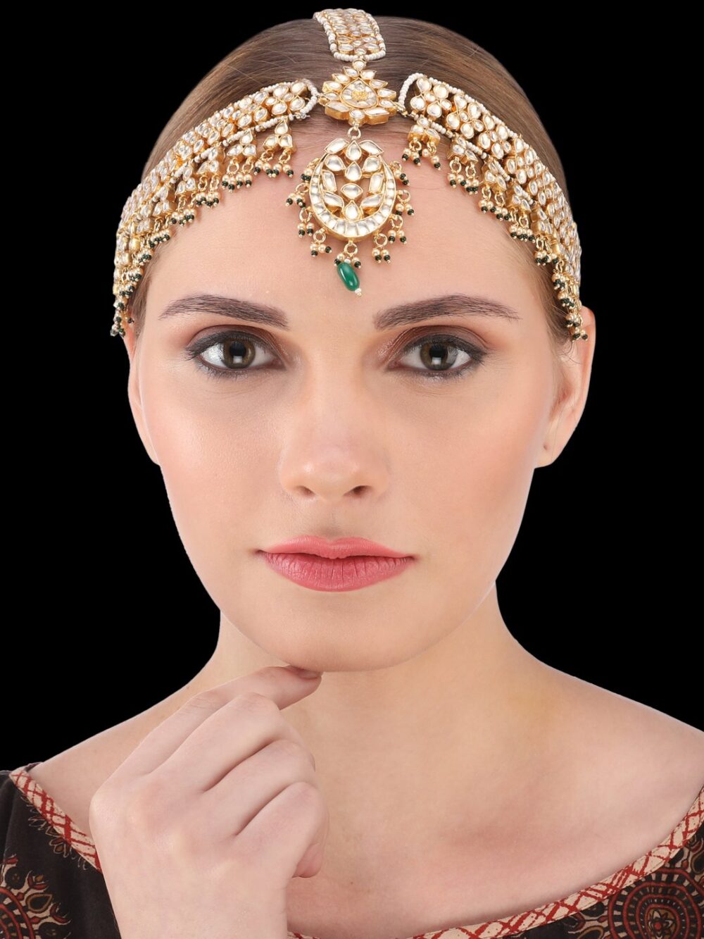 Traditional Micro Gold Polished Semi Precious Kundan & Pearl Damini/Maang Tikka/ Matha patti/ Tikka - Image 2