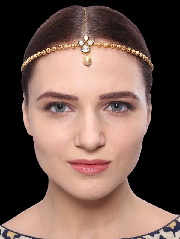 Traditional Micro Gold Polished Semi Precious Kundan & Pearl Damini/Maang Tikka/ Matha patti/ Tikka - Image 2