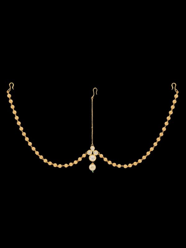 Traditional Micro Gold Polished Semi Precious Kundan & Pearl Damini/Maang Tikka/ Matha patti/ Tikka - Image 3