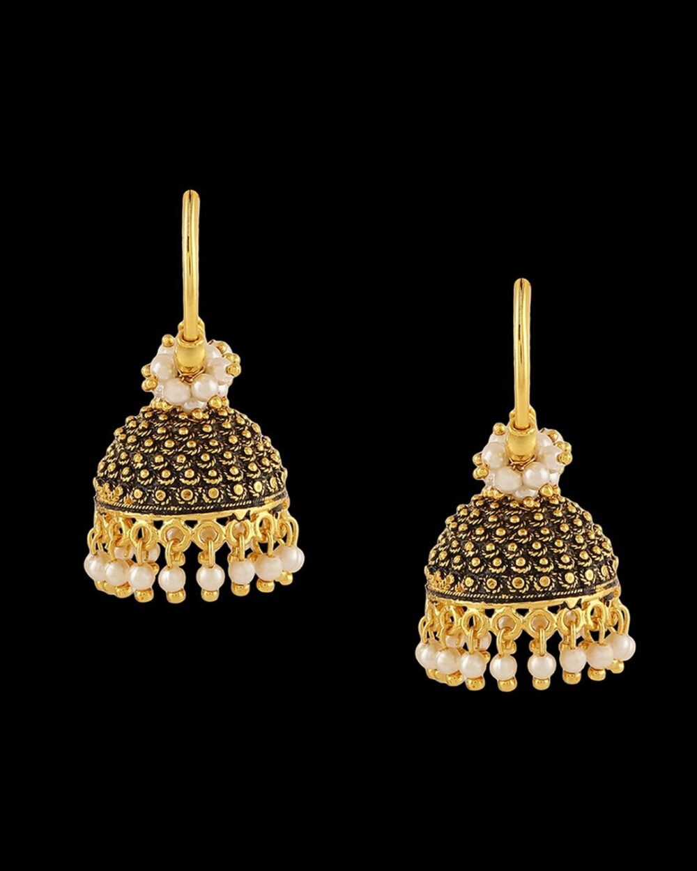 Elegant Pearl Jhumkis with Black Oxidation and Gold Polish - Image 3