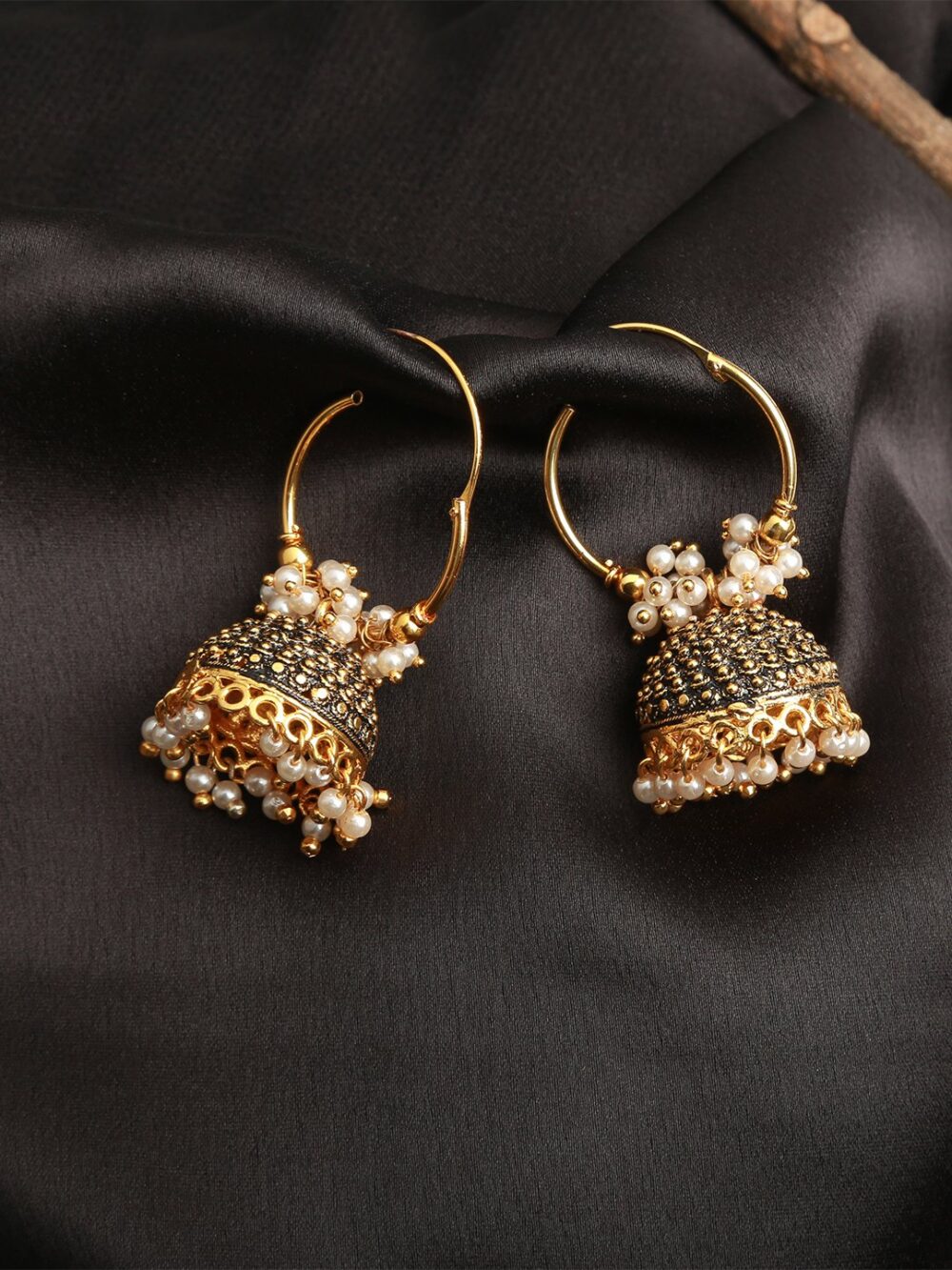 Elegant Pearl Jhumkis with Black Oxidation and Gold Polish - Image 5