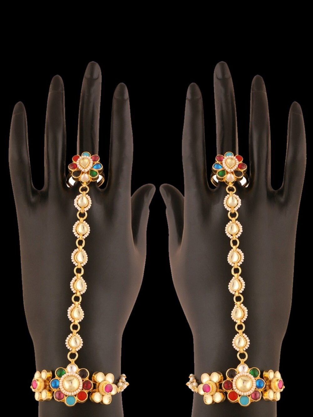 Pretty floral design hathphool with panchratna kundan - Image 3