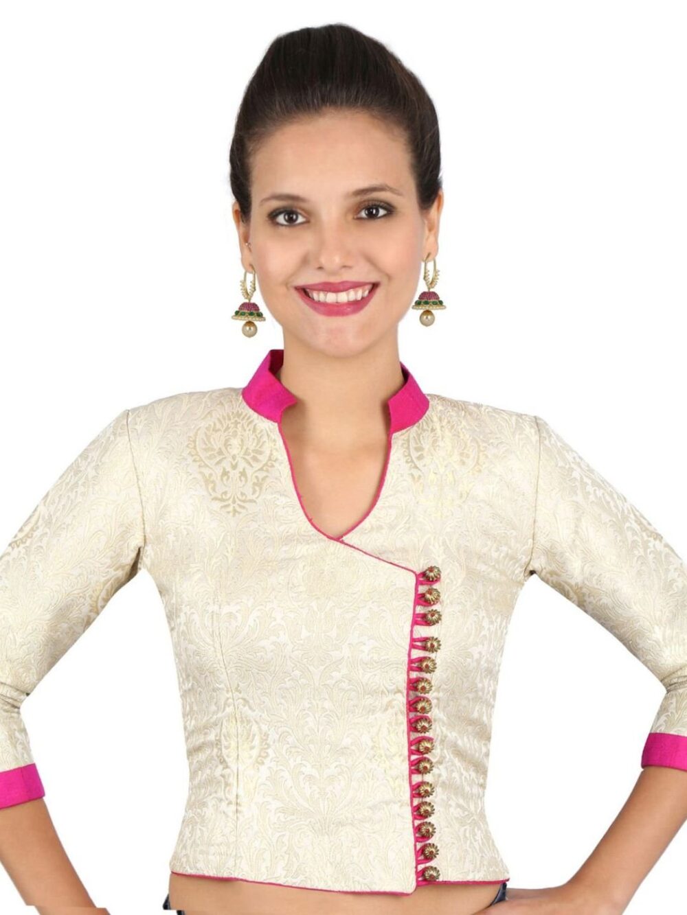 Beige and off-white Kimkhwab brocade jacket blouse with pink trims - Image 2