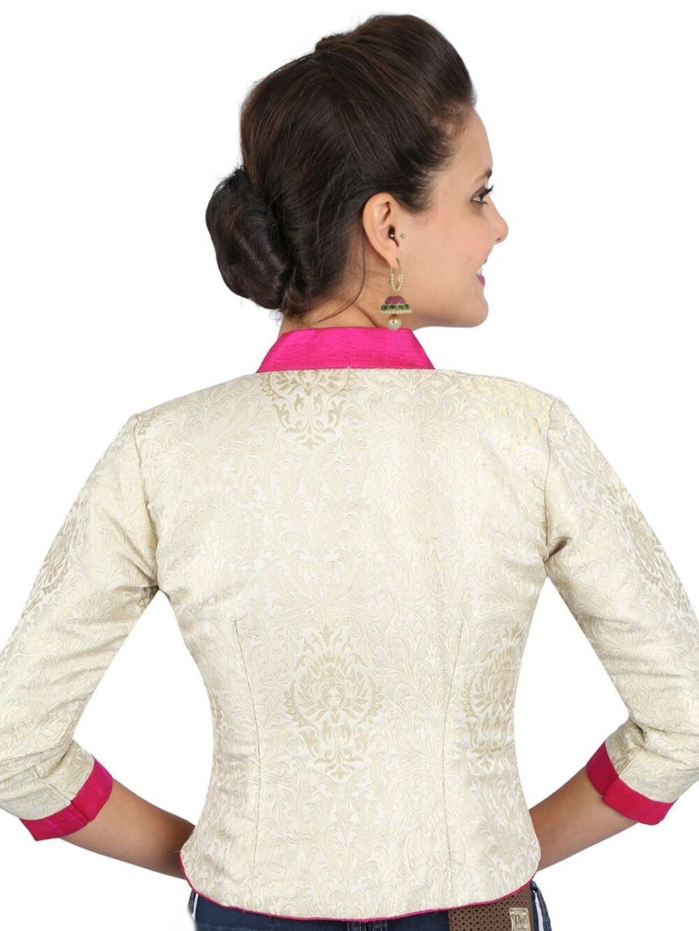 Beige and off-white Kimkhwab brocade jacket blouse with pink trims - Image 4