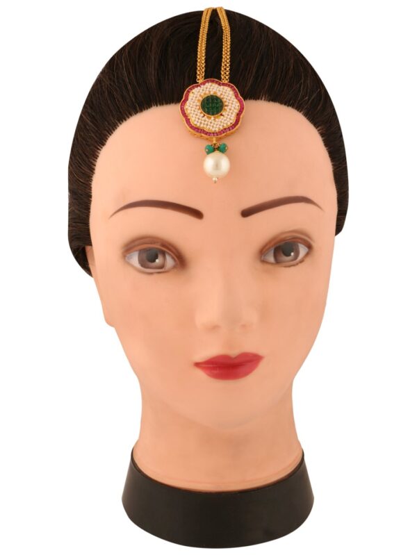 WONDERFUL GREEN STONE WHITE MOTI MAANG TIKKA - Image 3