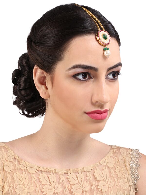 WONDERFUL GREEN STONE WHITE MOTI MAANG TIKKA - Image 6