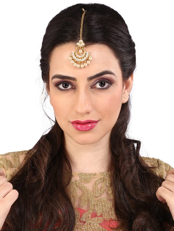 White Colour Latkan Style Gold Poish Tikka/ Moti Chain - Image 2