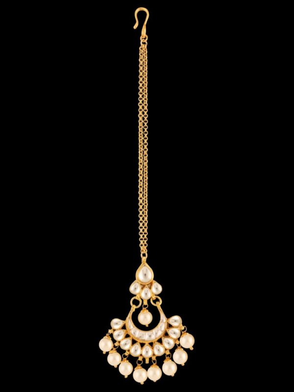 White Colour Latkan Style Gold Poish Tikka/ Moti Chain - Image 4