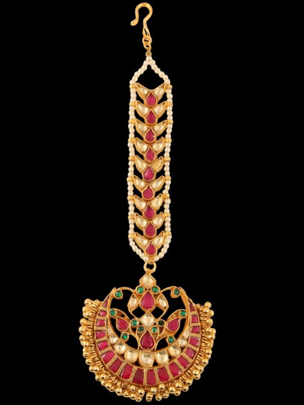 Damini Style Pink Ruby Color Maang Tikka - Image 4