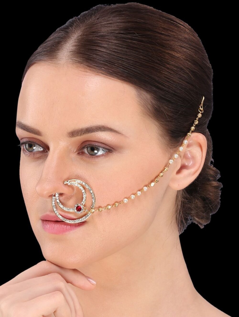 Gold finish with stones round nose ring - Image 2