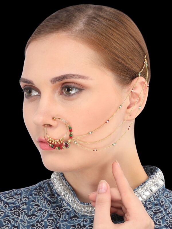 Micro Gold Polished Semi Precious Kundan & Pearl Nath/ Nose Pin/Nose Ring. N247BON - Image 2