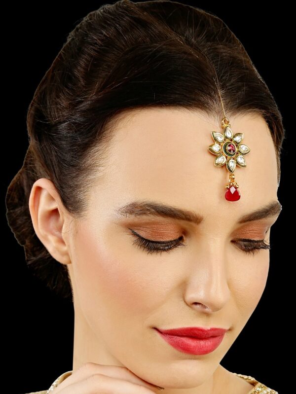 Red Stone Bridal Semi Precious Polki Tikka/ Head Chain/ Passa - Image 2