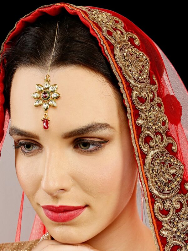 Red Stone Bridal Semi Precious Polki Tikka/ Head Chain/ Passa - Image 3