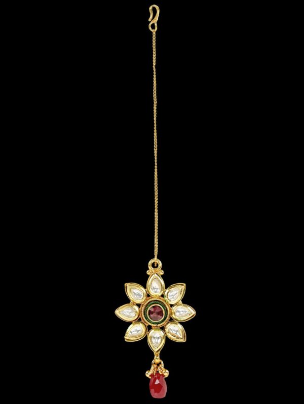 Red Stone Bridal Semi Precious Polki Tikka/ Head Chain/ Passa - Image 4