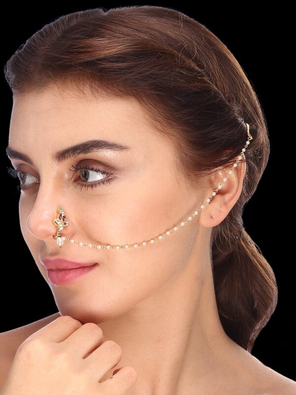 Micro Gold Polished Semi Precious Kundan & Pearl Nath/ Nose Pin/Nose Ring. N296AON
