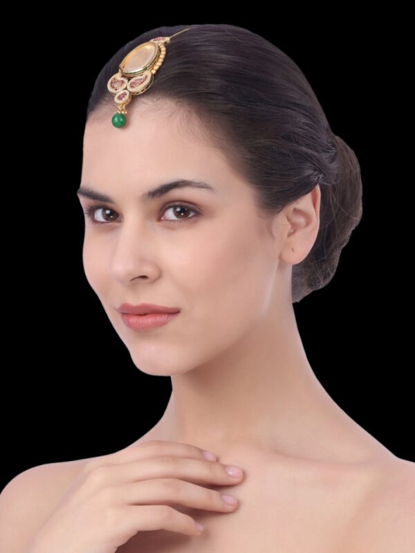 Pretty Ruby Pink Dew Drop Gold Finish Tikka/ Maang Tikka/ Head Chain - Image 2