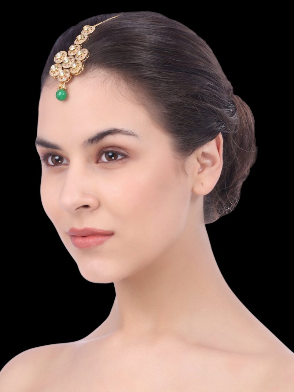 Pretty Flower Design Green Stone Damini Tikka/ Maang Tikka/ Polki - Image 2