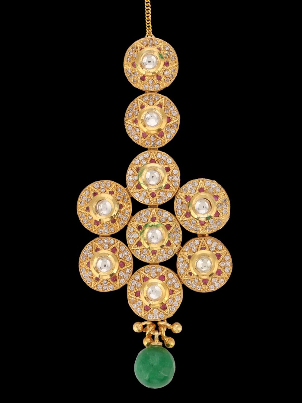 Pretty Flower Design Green Stone Damini Tikka/ Maang Tikka/ Polki - Image 3