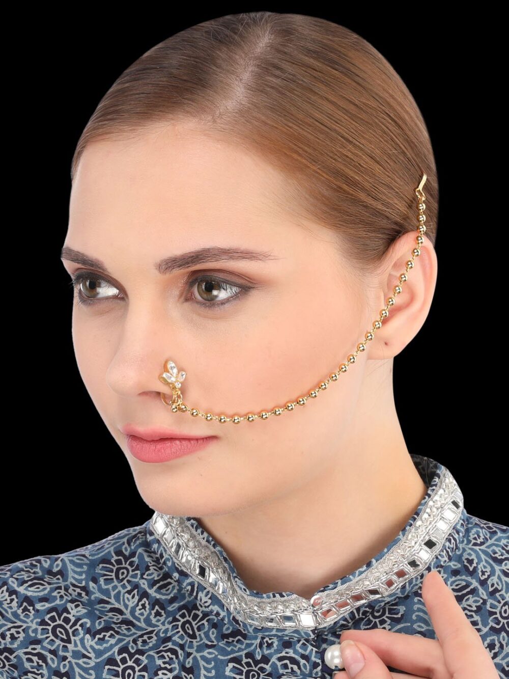 Micro Gold Polished Semi precious Kundan Style Nath/ Nose Pin/Nose Ring. N297BON