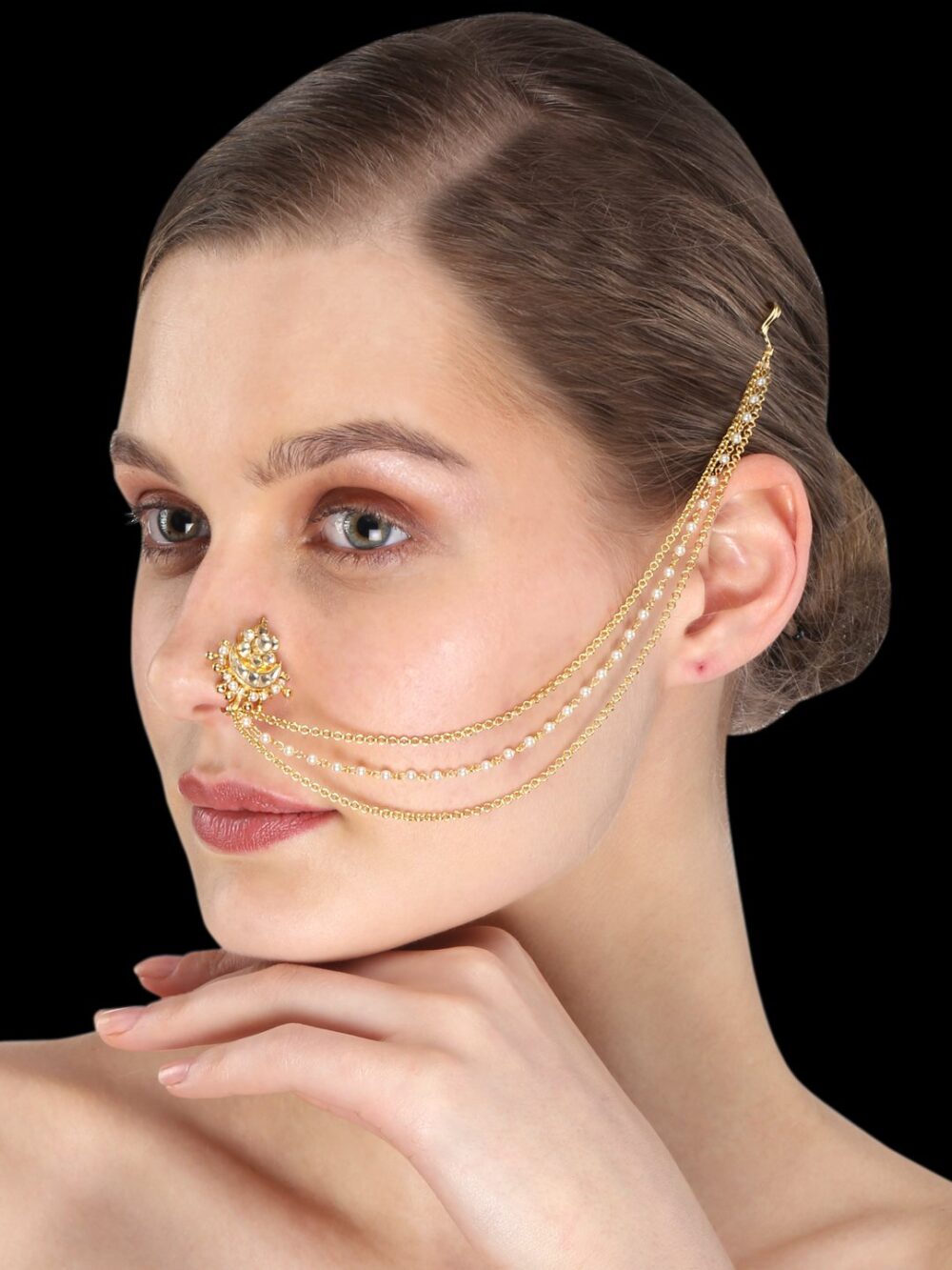 Micro Gold Polished Semi Precious Kundan & Pearl Nath/ Nose Pin/Nose Ring. N438AON