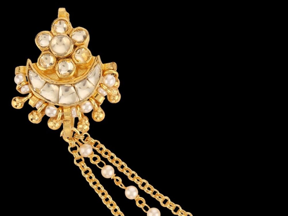 Micro Gold Polished Semi Precious Kundan & Pearl Nath/ Nose Pin/Nose Ring. N438AON - Image 4