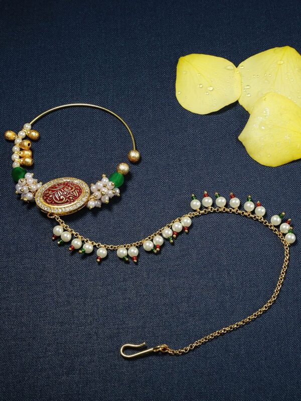 Micro Gold Polished Semi Precious Kundan & Pearls Nath/ Nose Pin/Nose Ring for Women. N453ON - Image 2