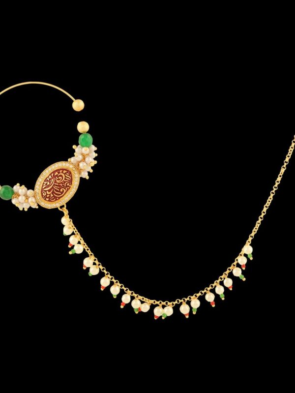 Micro Gold Polished Semi Precious Kundan & Pearls Nath/ Nose Pin/Nose Ring for Women. N453ON - Image 4