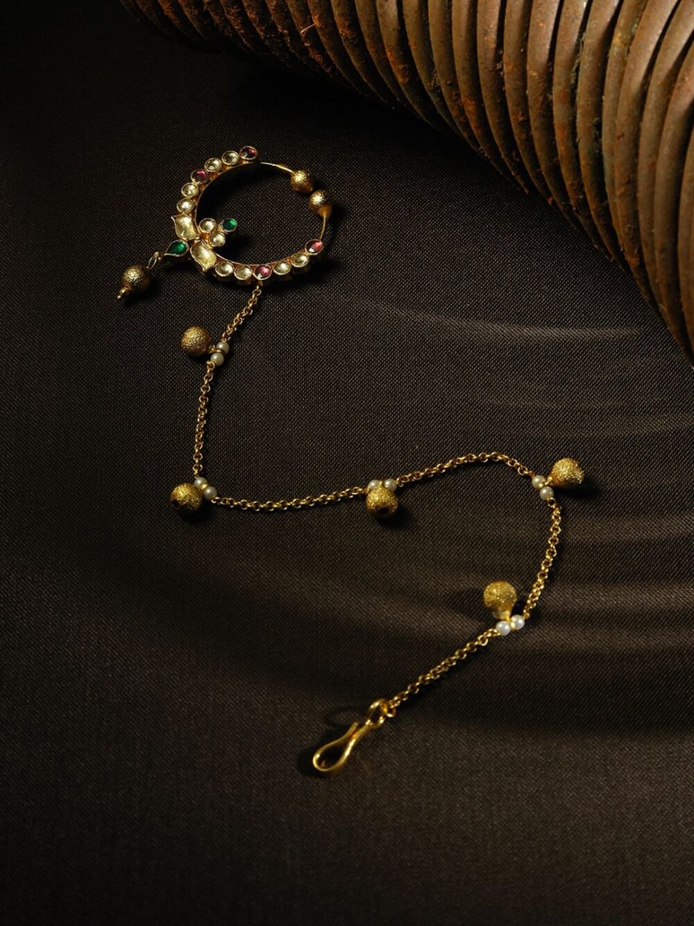 Micro Gold Polished Semi Precious Kundan & Pearls Nath/ Nose Pin/Nose Ring for Women. N454AON