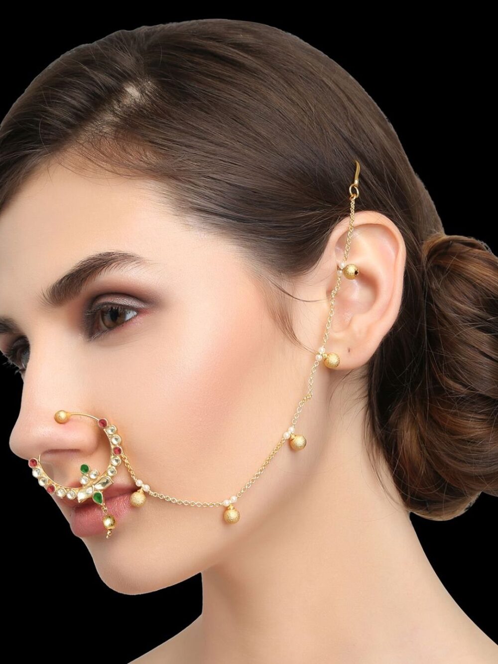 Micro Gold Polished Semi Precious Kundan & Pearls Nath/ Nose Pin/Nose Ring for Women. N454AON - Image 3