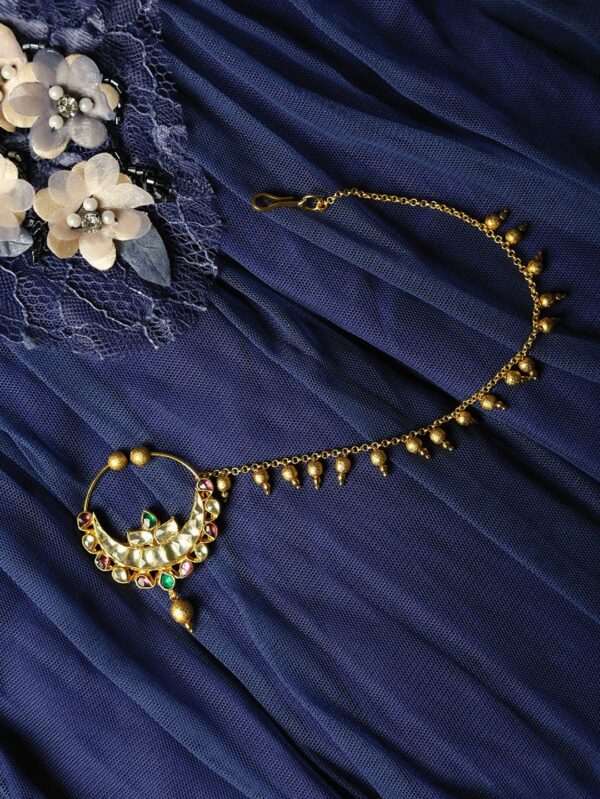 Micro Gold Polished Semi Precious Kundan & Pearls Nath/ Nose Pin/Nose Ring for Women. N455BON - Image 2