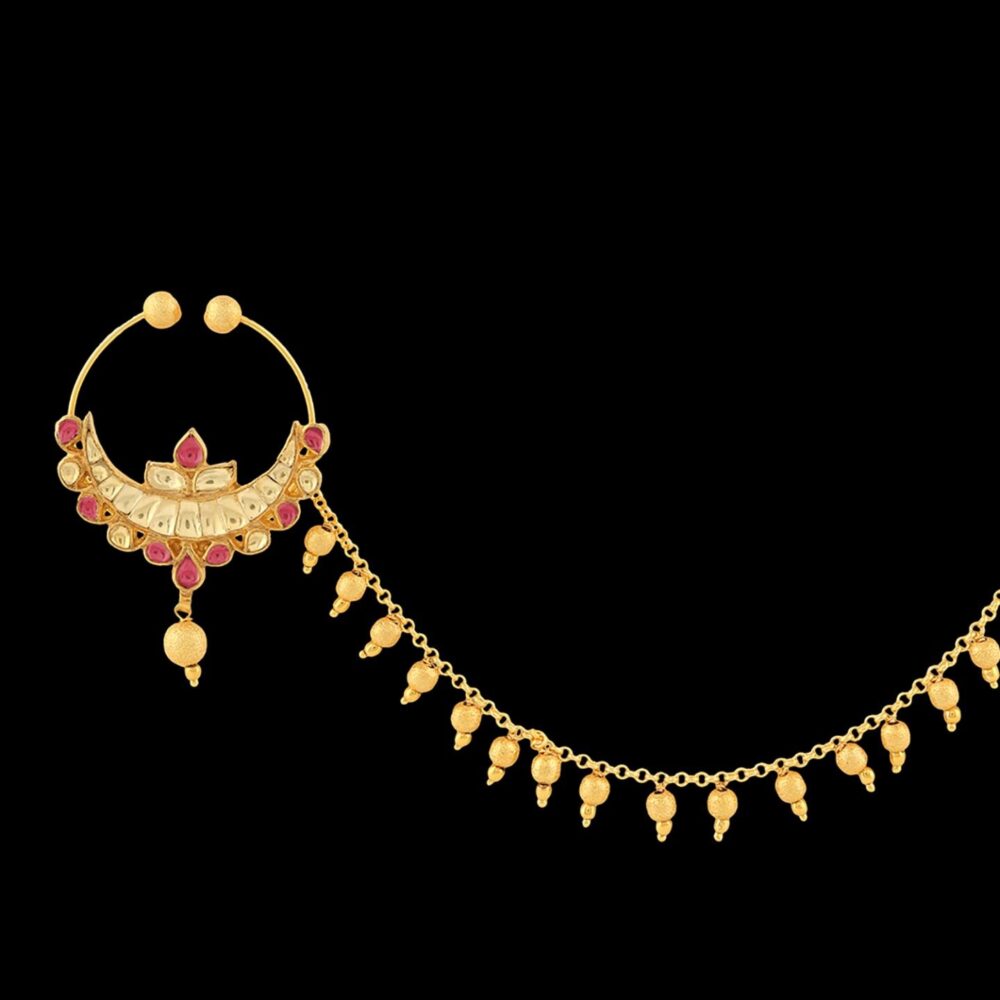 Micro Gold Polished Semi Precious Kundan & Pearls Nath/ Nose Pin/Nose Ring for Women. N455ON - Image 6