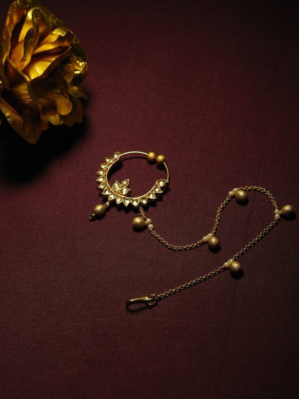 Micro Gold Polished Semi Precious Kundan & Pearls Nath/ Nose Pin/Nose Ring for Women. N456BON