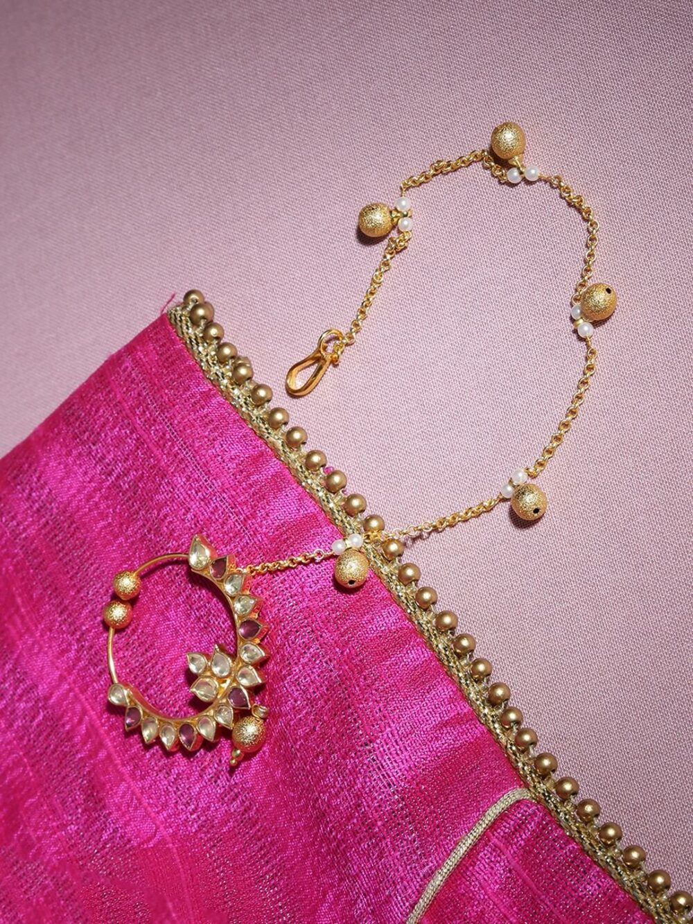 Micro Gold Polished Semi Precious Kundan & Pearls Nath/ Nose Pin/Nose Ring for Women. N456ON
