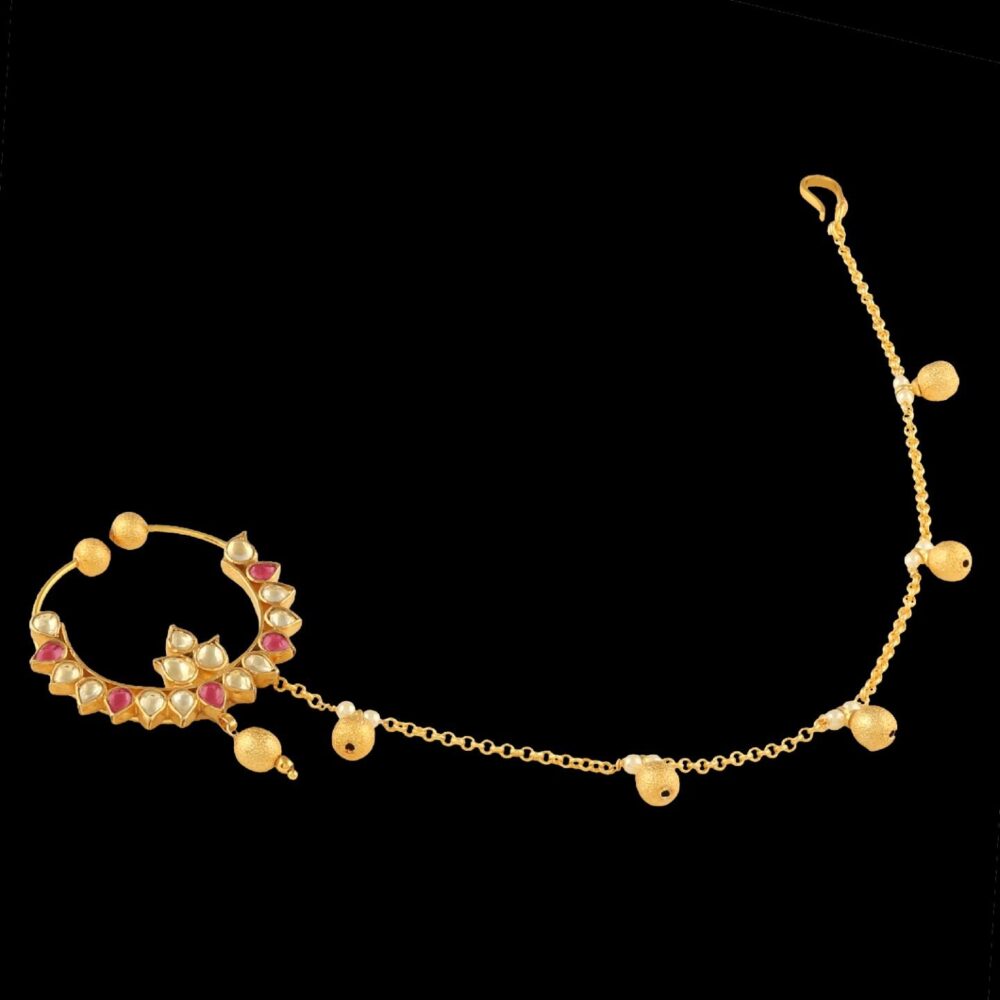 Micro Gold Polished Semi Precious Kundan & Pearls Nath/ Nose Pin/Nose Ring for Women. N456ON - Image 4