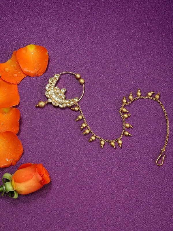 Micro Gold Polished Semi Precious Kundan & Pearls Nath/ Nose Pin/Nose Ring for Women. N458AON