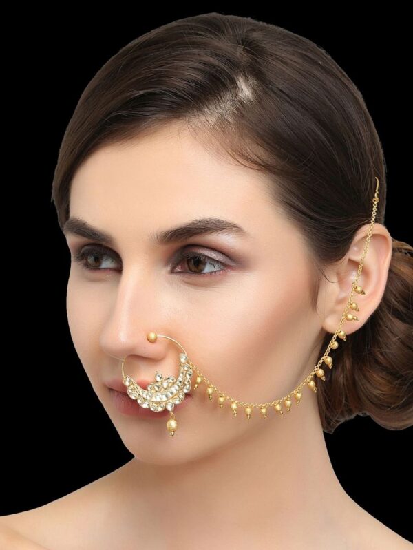 Micro Gold Polished Semi Precious Kundan & Pearls Nath/ Nose Pin/Nose Ring for Women. N458AON - Image 3