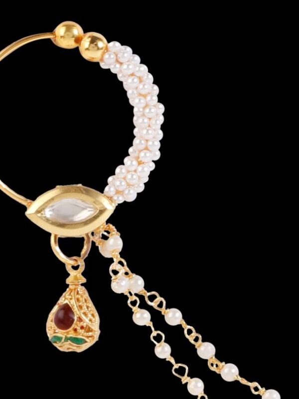 Traditional Micro Gold Polished Nath in Polki/Kundan & Pearl N338AON - Image 4