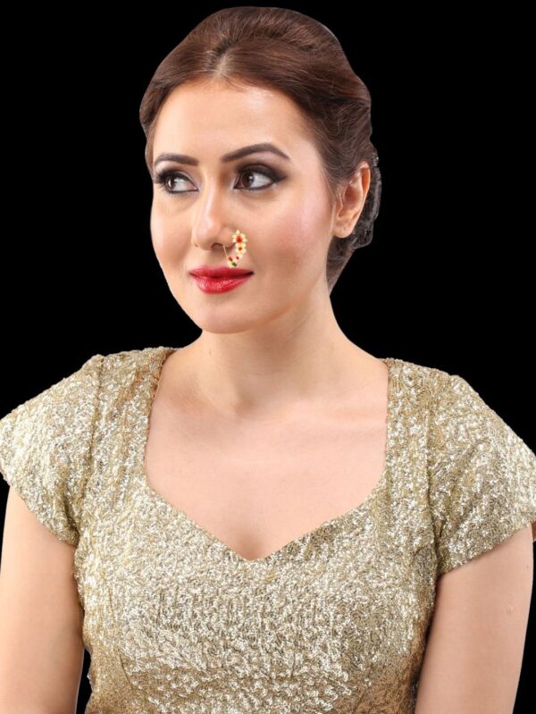 Studio Traditional Micro Gold Polished maharashtrain style Nath with Polki/Kundan & Pearls N339ON - Image 2