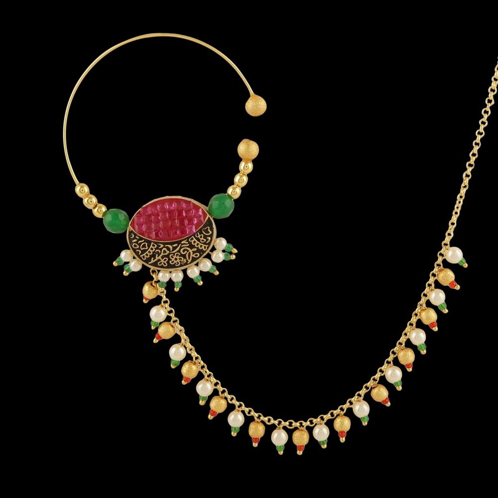 Micro Gold Polished Semi Precious Kundan & Pearl Nath/ Nose Pin/Nose Ring N449ON - Image 4
