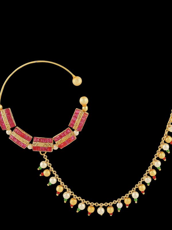 Micro Gold Polished Semi Precious Kundan & Pearl Nath/ Nose Pin/Nose Ring N450ON - Image 4